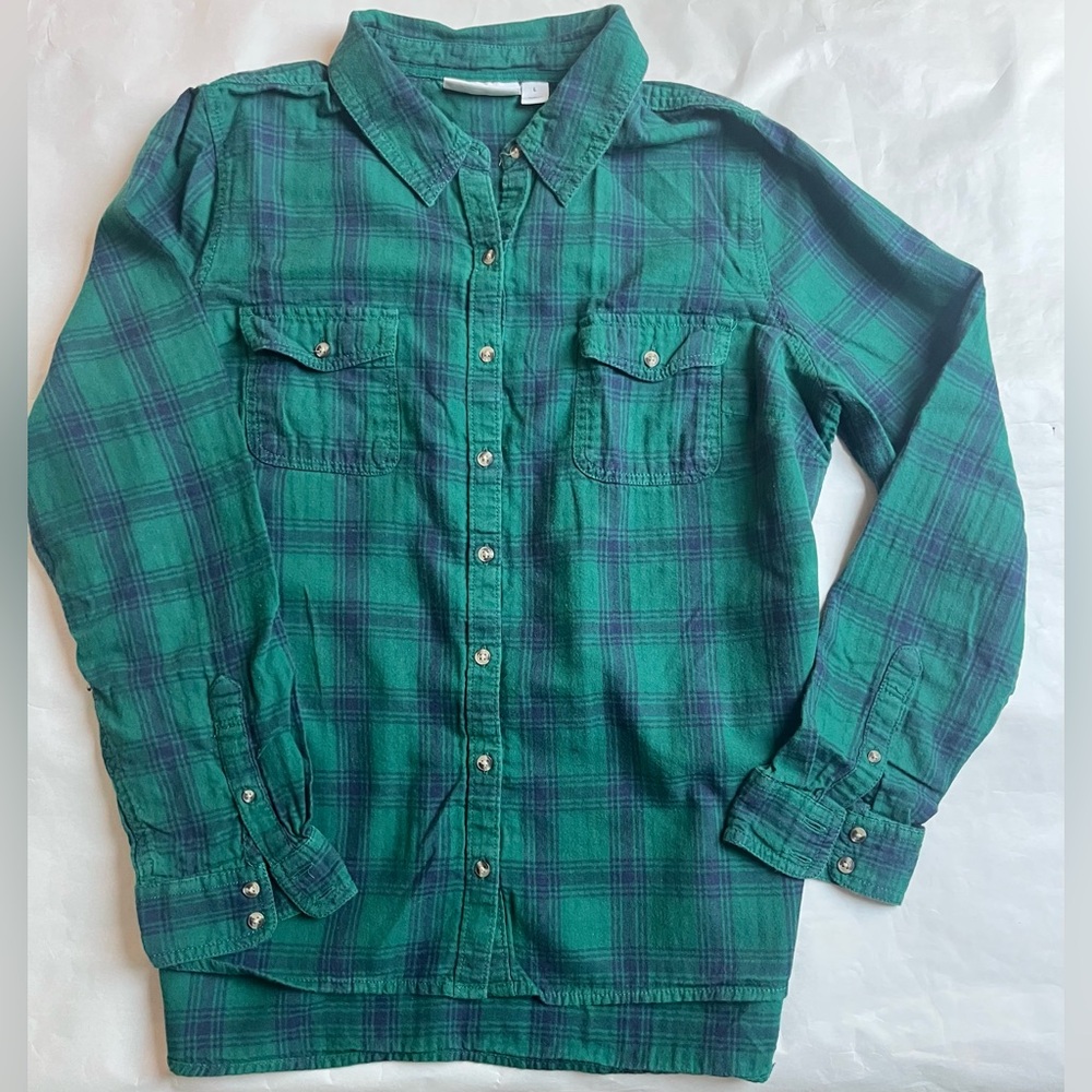 St.John’s Bay Green Navy Blue Tartan plaid button down Striped top Size L Large